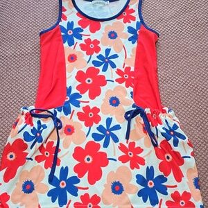 Sunshine Swing Floral Sleeveless Dress with Red and Blue Accents